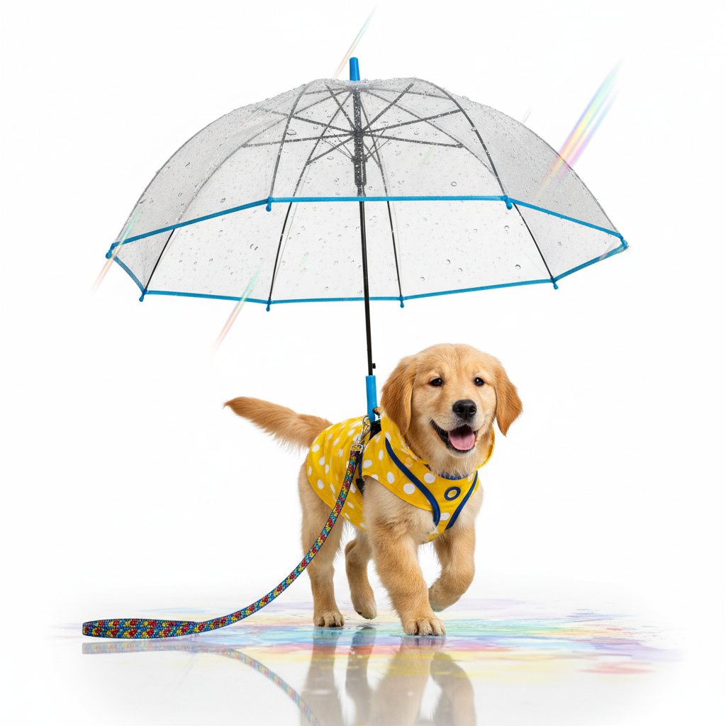 Dog walking happily under a transparent dome umbrella in the rain